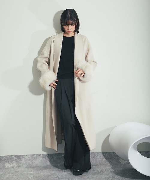 フォックスファー付きロング丈ウールコート（チェスターコート