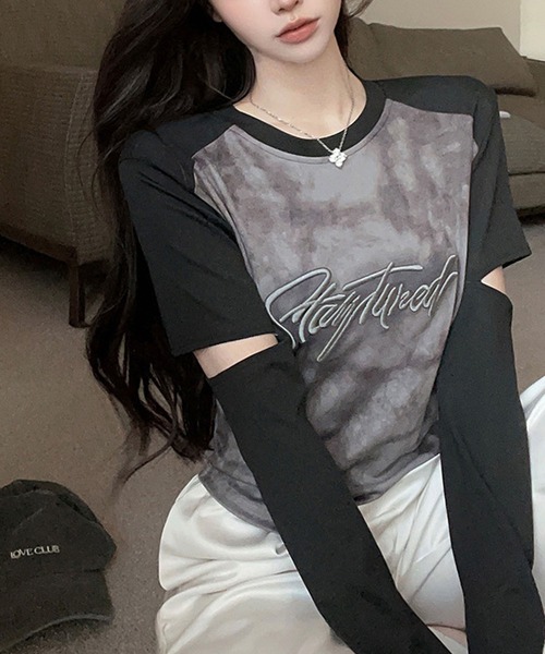 GLAMOROUS JANE(グラマラスジェーン)の「袖カットアウトラグラン配色タイダイ柄ロンT(Tシャツ/カットソー・レディース・グレー/カーキ・FREE)」の2枚目の写真