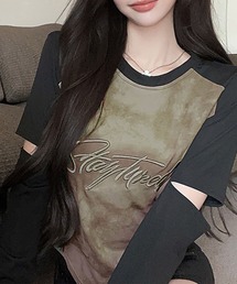 袖カットアウトラグラン配色タイダイ柄ロンT