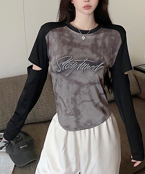 GLAMOROUS JANE(グラマラスジェーン)の「袖カットアウトラグラン配色タイダイ柄ロンT(Tシャツ/カットソー・レディース・グレー/カーキ・FREE)」の3枚目の写真