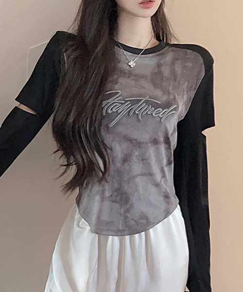 GLAMOROUS JANE(グラマラスジェーン)の「袖カットアウトラグラン配色タイダイ柄ロンT(Tシャツ/カットソー・レディース・グレー/カーキ・FREE)」の4枚目の写真