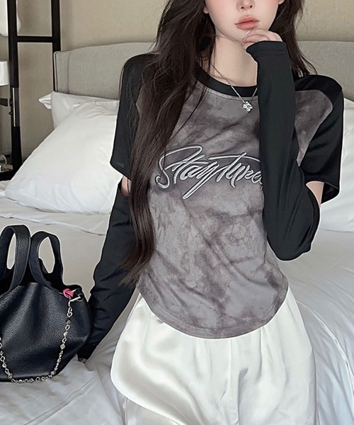 GLAMOROUS JANE(グラマラスジェーン)の「袖カットアウトラグラン配色タイダイ柄ロンT(Tシャツ/カットソー・レディース・グレー/カーキ・FREE)」の5枚目の写真