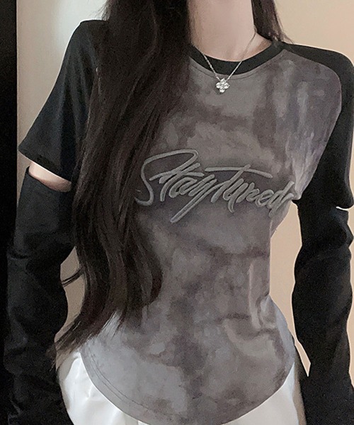 GLAMOROUS JANE(グラマラスジェーン)の「袖カットアウトラグラン配色タイダイ柄ロンT(Tシャツ/カットソー・レディース・グレー/カーキ・FREE)」の7枚目の写真