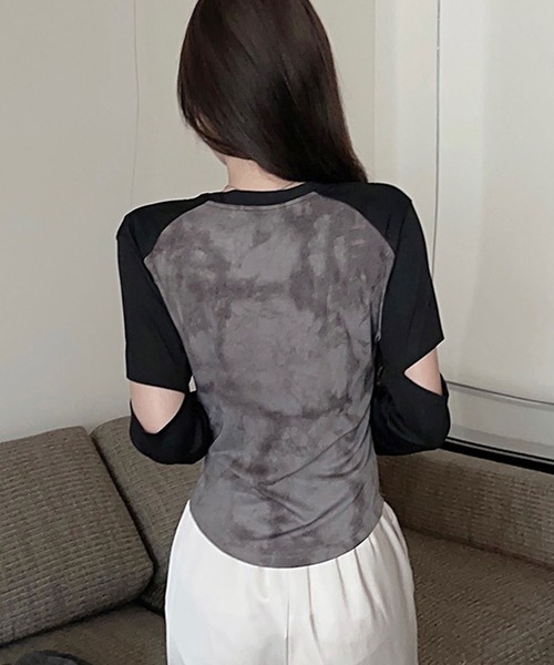 GLAMOROUS JANE(グラマラスジェーン)の「袖カットアウトラグラン配色タイダイ柄ロンT(Tシャツ/カットソー・レディース・グレー/カーキ・FREE)」の8枚目の写真