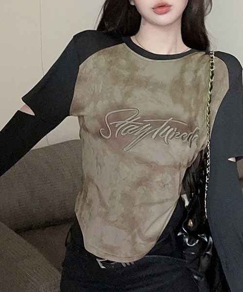 GLAMOROUS JANE(グラマラスジェーン)の「袖カットアウトラグラン配色タイダイ柄ロンT(Tシャツ/カットソー・レディース・グレー/カーキ・FREE)」の9枚目の写真