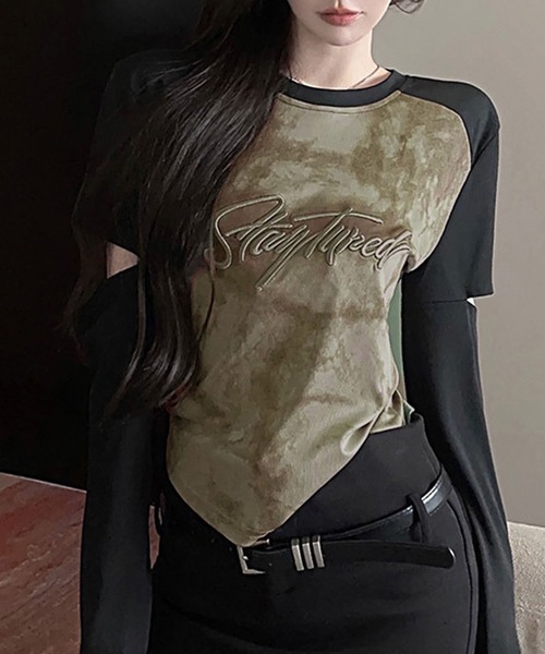 GLAMOROUS JANE(グラマラスジェーン)の「袖カットアウトラグラン配色タイダイ柄ロンT(Tシャツ/カットソー・レディース・グレー/カーキ・FREE)」の12枚目の写真