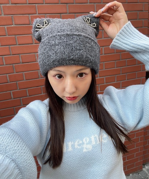 poiregnee（ポワニェ）の「［select］猫耳ニットキャップ（ニットキャップ/ビーニー・レディース・アイボリー/グレー・FREE）」の2枚目の写真