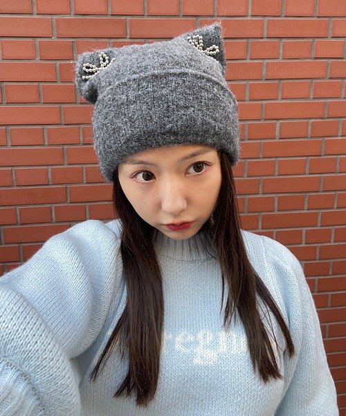 poiregnee（ポワニェ）の「［select］猫耳ニットキャップ（ニットキャップ/ビーニー・レディース・アイボリー/グレー・FREE）」の7枚目の写真