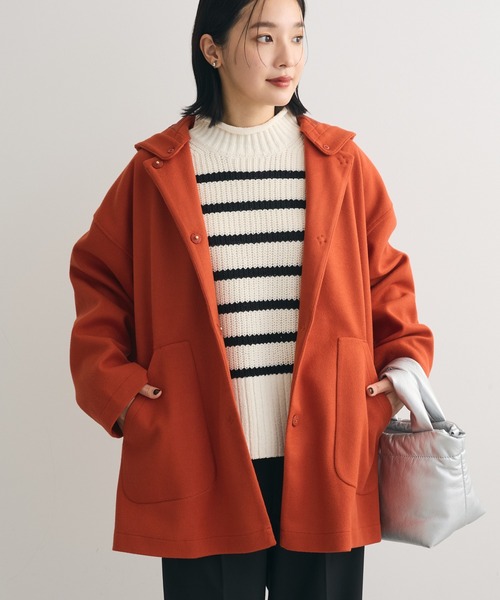 Green　Parks（グリーンパークス）の「フード取り外しハーフコート（ノーカラーコート・レディース・アイボリー/オレンジ/キャメル/ダークネイビー・FREE）」の4枚目の写真