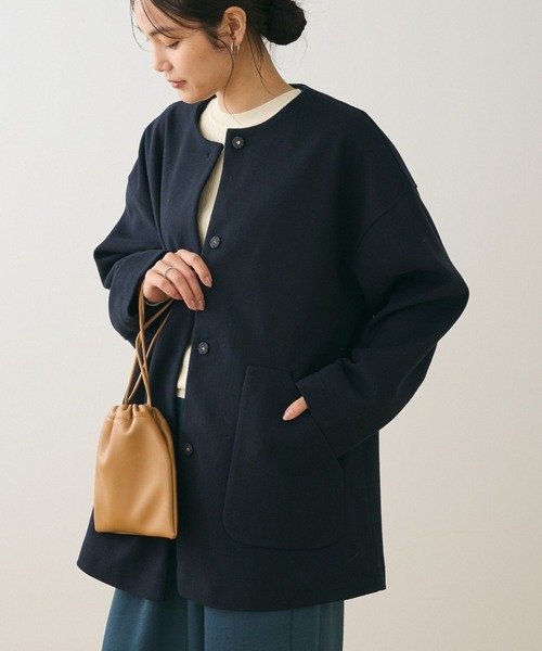 Green　Parks（グリーンパークス）の「フード取り外しハーフコート（ノーカラーコート・レディース・アイボリー/オレンジ/キャメル/ダークネイビー・FREE）」の3枚目の写真