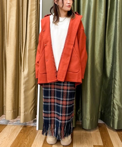 Green　Parks（グリーンパークス）の「フード取り外しハーフコート（ノーカラーコート・レディース・アイボリー/オレンジ/キャメル/ダークネイビー・FREE）」の9枚目の写真