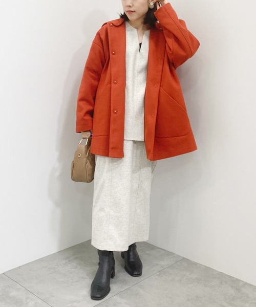 Green　Parks（グリーンパークス）の「フード取り外しハーフコート（ノーカラーコート・レディース・アイボリー/オレンジ/キャメル/ダークネイビー・FREE）」の6枚目の写真