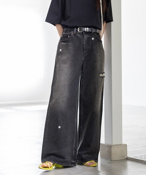 セール】＜セットアップ対応＞3size展開/フラワー刺繍ダメージワイド