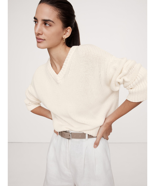 Banana Republic - 【BANANA REPUBLIC】袖プリーツコットンニット リネンコットン リブ ニットポロシャツ（ニット/セーター