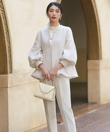 RUIRUE BOUTIQUE | ストレッチ ｜ ノーカラー ツイード ペプラム パンツスーツ ｜ 入学式 卒業式 卒園式 入園式 セレモニー フォーマル オフィスカジュアル 美脚 ママスーツ セットアップ(スーツセット)