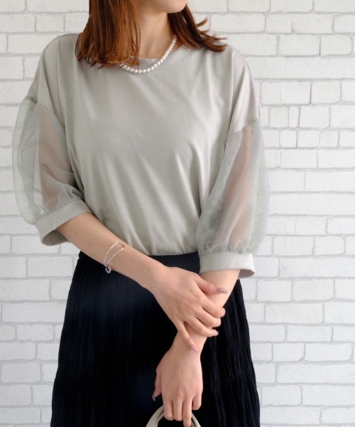 aquagarage（アクアガレージ）の「袖チュールカットソー（Tシャツ/カットソー・レディース・ブラック/グレー・M）」の3枚目の写真