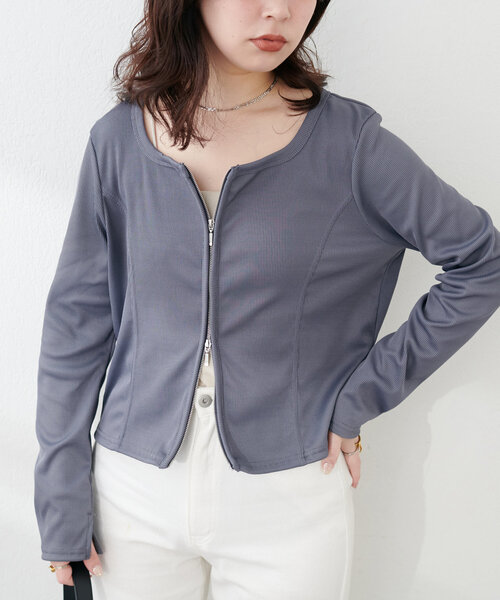 natural couture（ナチュラルクチュール）の「【WEB限定】ファスナーあきカットカーディガン（カーディガン/ボレロ・レディース・グレー/オフホワイト/その他1/ブラック・FREE）」の14枚目の写真