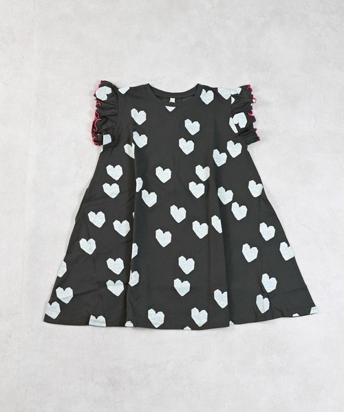 MARKEY'S(マーキーズ)の「総柄フリルショルダーワンピース(ワンピース・キッズ・ブルー/グレー/ライトブルー/ブラック/ピンク/チャコール・80/90/100/110/120/130/140/150)」の1枚目の写真