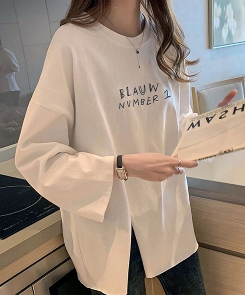 Lace Ladies(レースレディース)の「ロゴプリント スリット入り オーバーサイズ 長袖 Tシャツ(Tシャツ/カットソー・レディース・ホワイト/イエロー/ブラック・XL/M)」の1枚目の写真