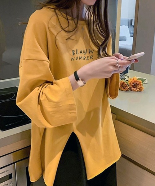 Lace Ladies(レースレディース)の「ロゴプリント スリット入り オーバーサイズ 長袖 Tシャツ(Tシャツ/カットソー・レディース・ホワイト/イエロー/ブラック・XL/M)」の3枚目の写真