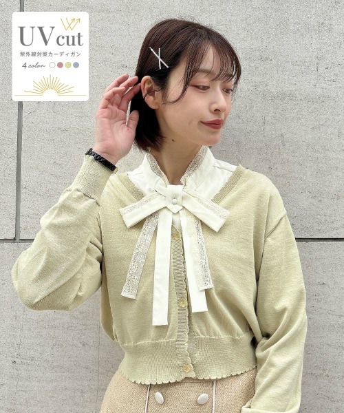 F i.n.t(フィント)の「洗濯機洗い可UVカットシアーフラワー釦UVカットニットカーディガン/F&A【新色追加・5色展開】/fint フィント(カーディガン/ボレロ・レディース・ピンク/ライム/オフホワイト/ブルーグレー/ネイビー・FREE)」の4枚目の写真