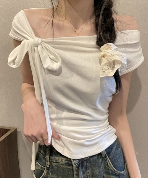 セール】アシンメトリーリボンワンショルダートップス（Tシャツ