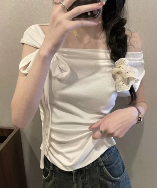 セール】アシンメトリーリボンワンショルダートップス（Tシャツ