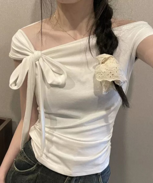 セール】アシンメトリーリボンワンショルダートップス（Tシャツ