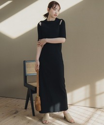 高身長 ショルダーカットカットソーリブマキシワンピース(トールサイズ)Essenave≪動画あり≫