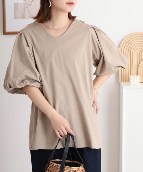 atONE(アットワン)の「コットンパフスリーブTシャツ(Tシャツ/カットソー・レディース・ブラック/グレイッシュベージュ/ミント/チャコールグレー/オフホワイト・LL~3L/4L~5L/M-L)」の4枚目の写真