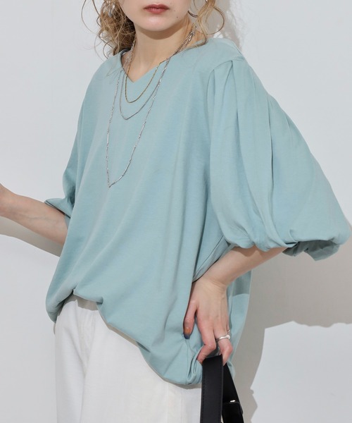 atONE(アットワン)の「コットンパフスリーブTシャツ(Tシャツ/カットソー・レディース・ブラック/グレイッシュベージュ/ミント/チャコールグレー/オフホワイト・LL~3L/4L~5L/M-L)」の5枚目の写真