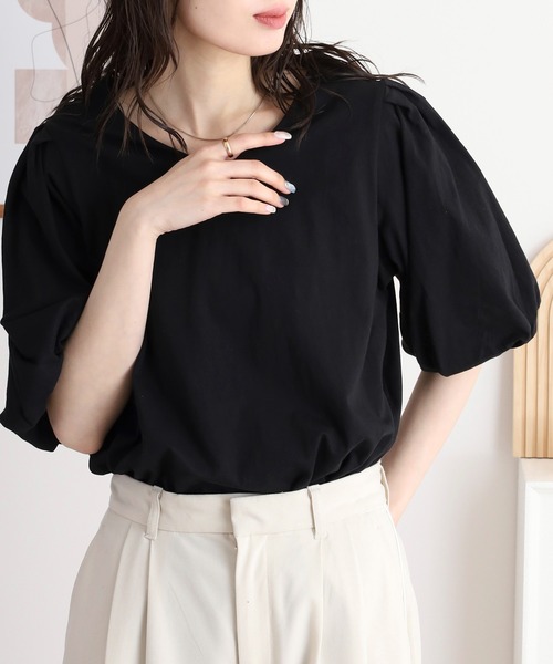 atONE(アットワン)の「コットンパフスリーブTシャツ(Tシャツ/カットソー・レディース・ブラック/グレイッシュベージュ/ミント/チャコールグレー/オフホワイト・LL~3L/4L~5L/M-L)」の1枚目の写真