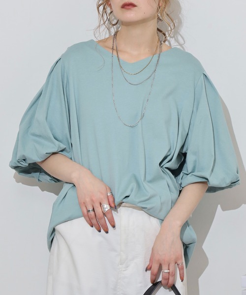 atONE(アットワン)の「コットンパフスリーブTシャツ(Tシャツ/カットソー・レディース・ブラック/グレイッシュベージュ/ミント/チャコールグレー/オフホワイト・LL~3L/4L~5L/M-L)」の17枚目の写真