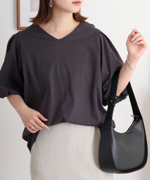 atONE(アットワン)の「コットンパフスリーブTシャツ(Tシャツ/カットソー・レディース・ブラック/グレイッシュベージュ/ミント/チャコールグレー/オフホワイト・LL~3L/4L~5L/M-L)」の14枚目の写真