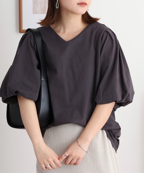 atONE(アットワン)の「コットンパフスリーブTシャツ(Tシャツ/カットソー・レディース・ブラック/グレイッシュベージュ/ミント/チャコールグレー/オフホワイト・LL~3L/4L~5L/M-L)」の15枚目の写真