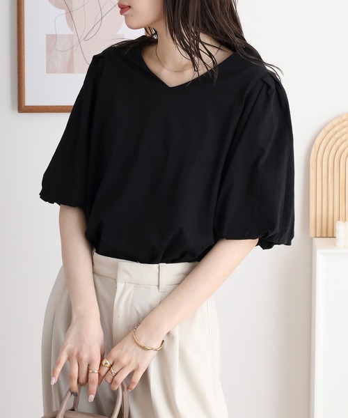 atONE(アットワン)の「コットンパフスリーブTシャツ(Tシャツ/カットソー・レディース・ブラック/グレイッシュベージュ/ミント/チャコールグレー/オフホワイト・LL~3L/4L~5L/M-L)」の12枚目の写真