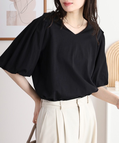 atONE(アットワン)の「コットンパフスリーブTシャツ(Tシャツ/カットソー・レディース・ブラック/グレイッシュベージュ/ミント/チャコールグレー/オフホワイト・LL~3L/4L~5L/M-L)」の10枚目の写真