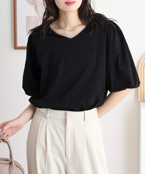 atONE(アットワン)の「コットンパフスリーブTシャツ(Tシャツ/カットソー・レディース・ブラック/グレイッシュベージュ/ミント/チャコールグレー/オフホワイト・LL~3L/4L~5L/M-L)」の11枚目の写真
