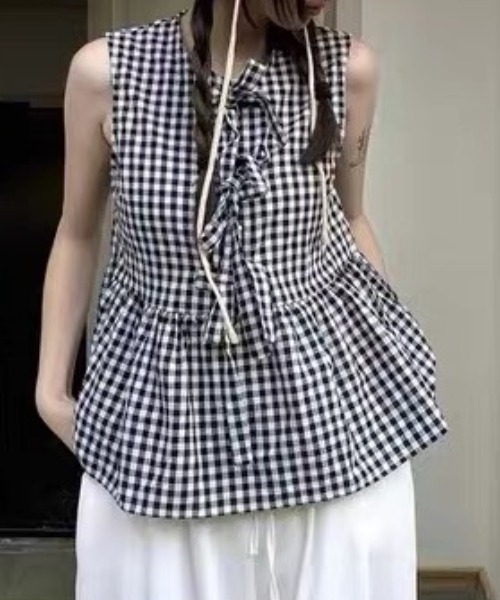 リボンチェックノースリブラウス ダーリッチ Darich リボンチェックノースリブラウス （グレー