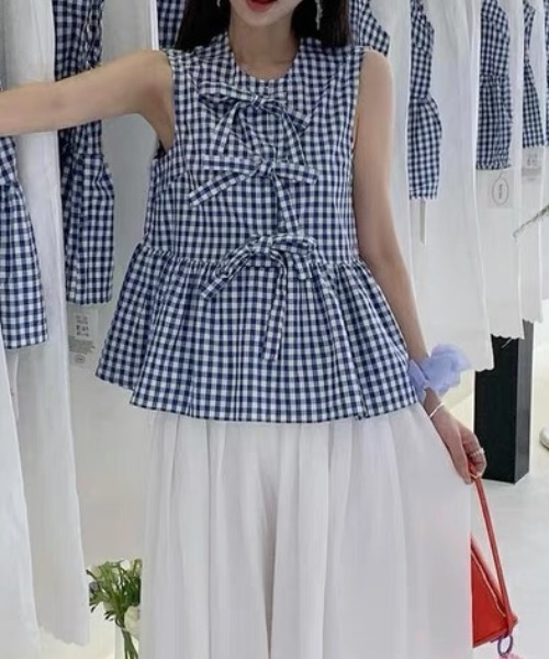 リボンチェックノースリブラウス ダーリッチ Darich リボンチェックノースリブラウス （グレー