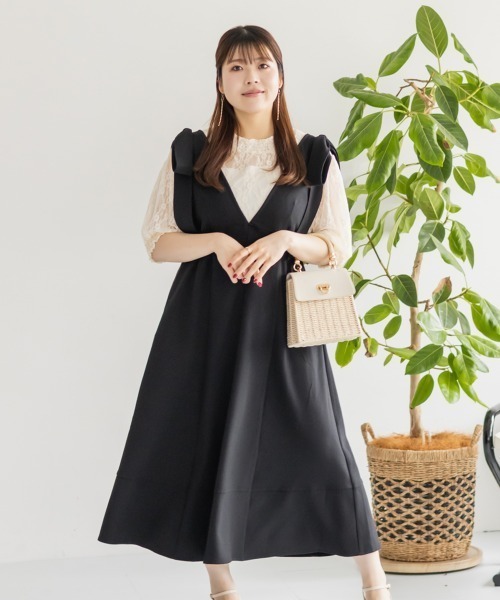 CLETTE(クレット)の「肩リボンジャンスカワンピース(ワンピース・レディース・チャコールグレー/ベージュ/ブラック・LL/3L/4L)」の6枚目の写真