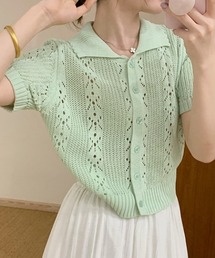 えり付きケーブル前ボタンニットカーデ