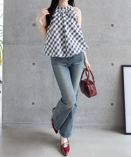 clear（クリア）の「ホルターネックチェック柄ブラウス[着回し力抜群 大人 カジュアル]≪SS新作≫（シャツ/ブラウス・レディース・アイボリー/ネイビー・F）」の5枚目の写真