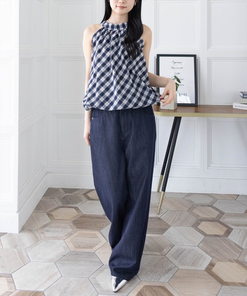 clear（クリア）の「ホルターネックチェック柄ブラウス[着回し力抜群 大人 カジュアル]≪SS新作≫（シャツ/ブラウス・レディース・アイボリー/ネイビー・F）」の4枚目の写真