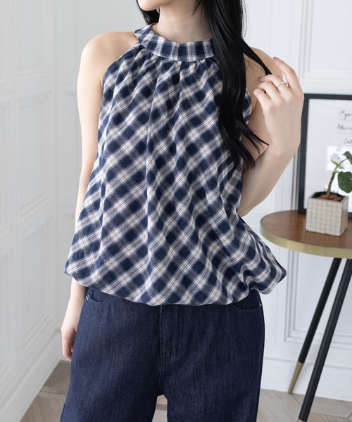 clear（クリア）の「ホルターネックチェック柄ブラウス[着回し力抜群 大人 カジュアル]≪SS新作≫（シャツ/ブラウス・レディース・アイボリー/ネイビー・F）」の19枚目の写真