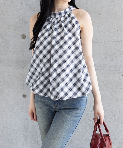 clear（クリア）の「ホルターネックチェック柄ブラウス[着回し力抜群 大人 カジュアル]≪SS新作≫（シャツ/ブラウス・レディース・アイボリー/ネイビー・F）」の21枚目の写真