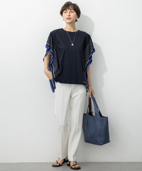 23区 S(ニジュウサンクチイサイサイズ)の「【汗じみ防止加工】スカーフプリントコンビ フレンチスリーブ カットソー(Tシャツ/カットソー・レディース・ネイビー系5/ブラック系5/アイボリー系5・32)」の8枚目の写真