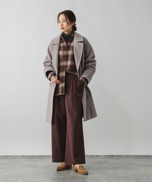 GLOBALWORK 軽やかストレッチ襟2WAYミドルコート Sサイズ ブラウン