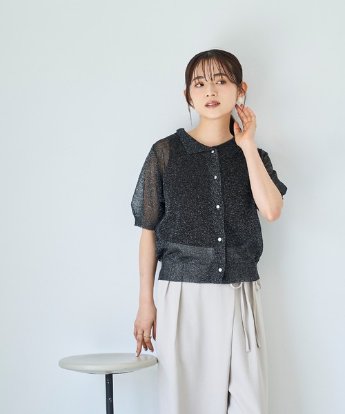 mil（ミル）の「シアーラメニット ポロカーディガン 【587173】（ニット/セーター・レディース・ブラック/ライトグレー/ベージュ・ONE SIZE）」の4枚目の写真