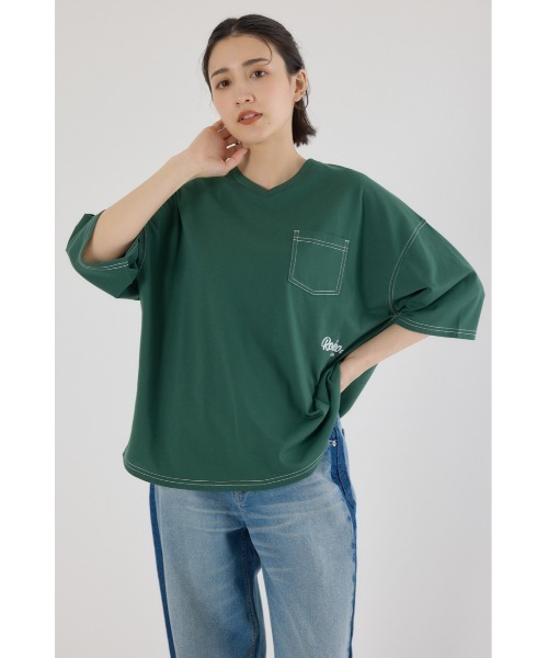 RODEO CROWNS WIDE BOWL(ロデオクラウンズワイドボウル)の「カラーステッチVネック5分袖Tシャツ(Tシャツ/カットソー・レディース・オフホワイト/ダークグリーン/ブラック/スモークピンク・FREE)」の3枚目の写真